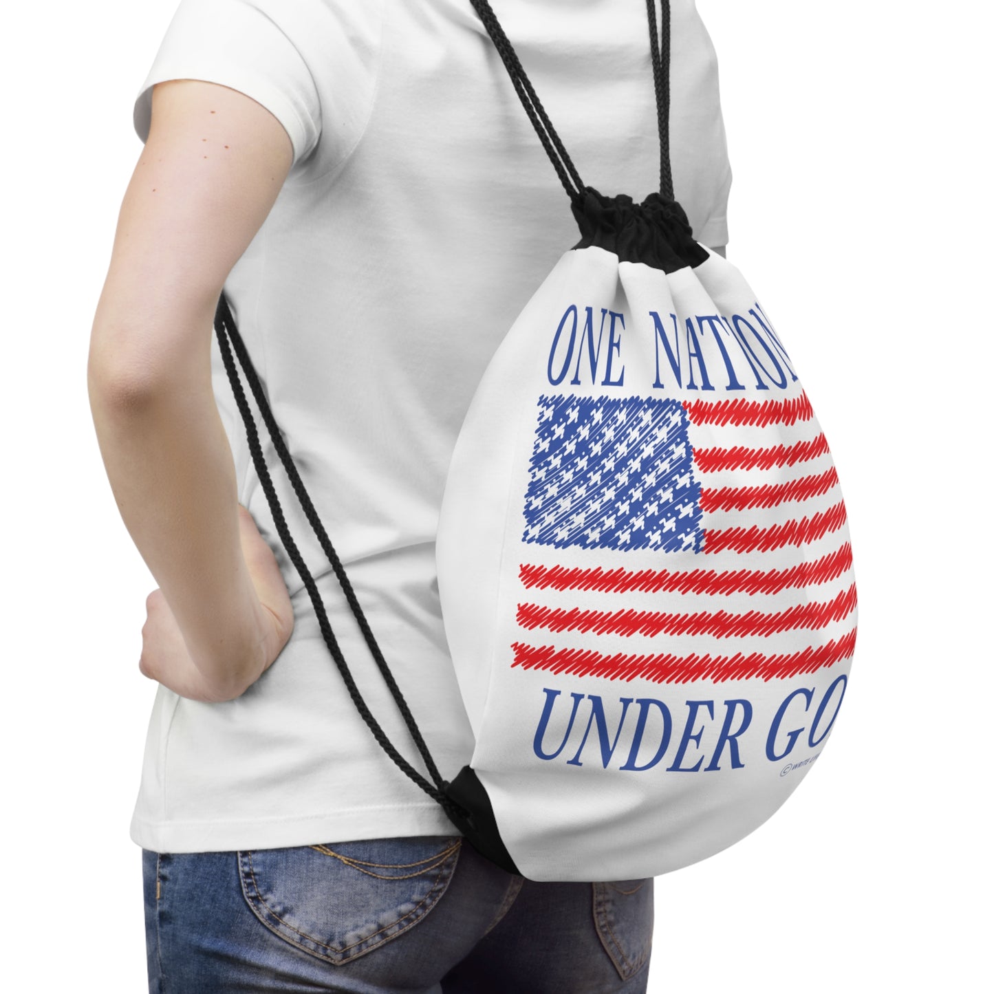 One Nation Under God with American Flag Drawstring Bag