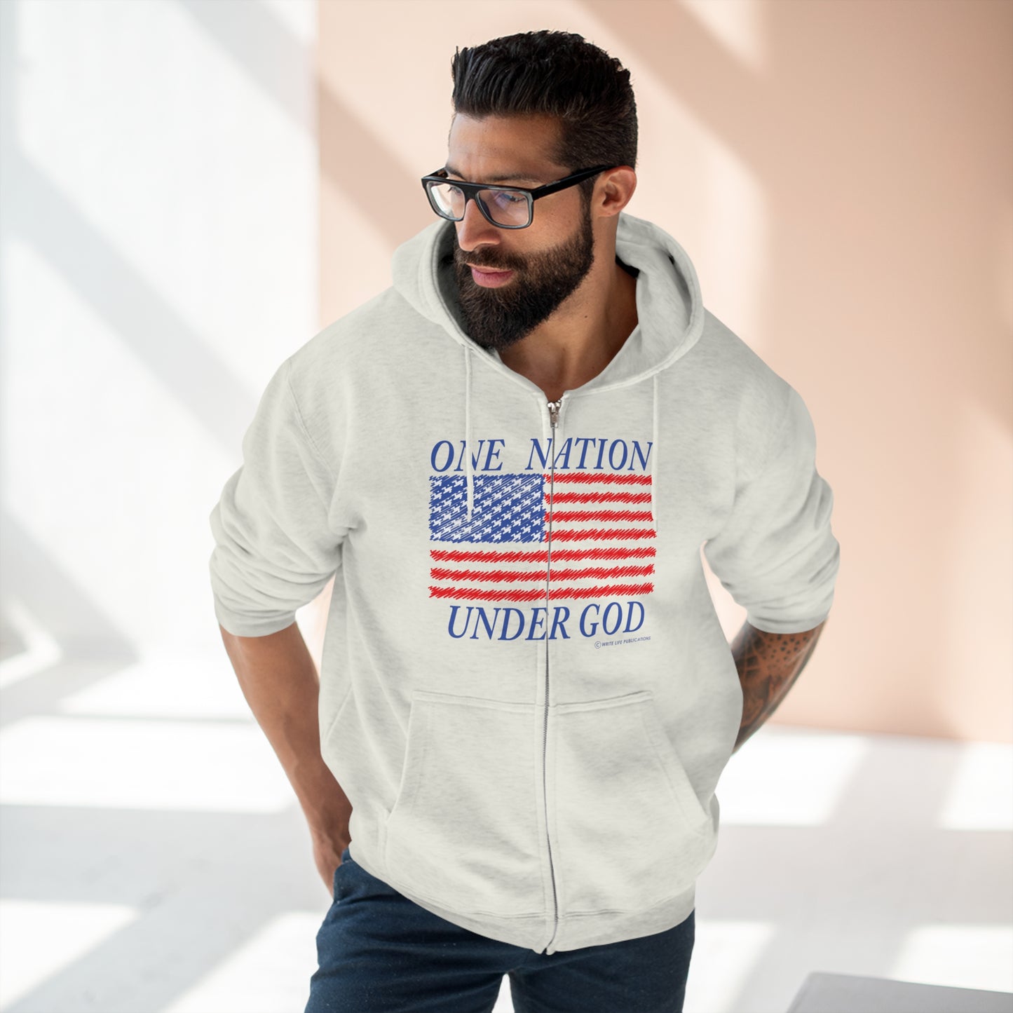 Men's One Nation Under God with American Flag Premium Full Zip Hoodie