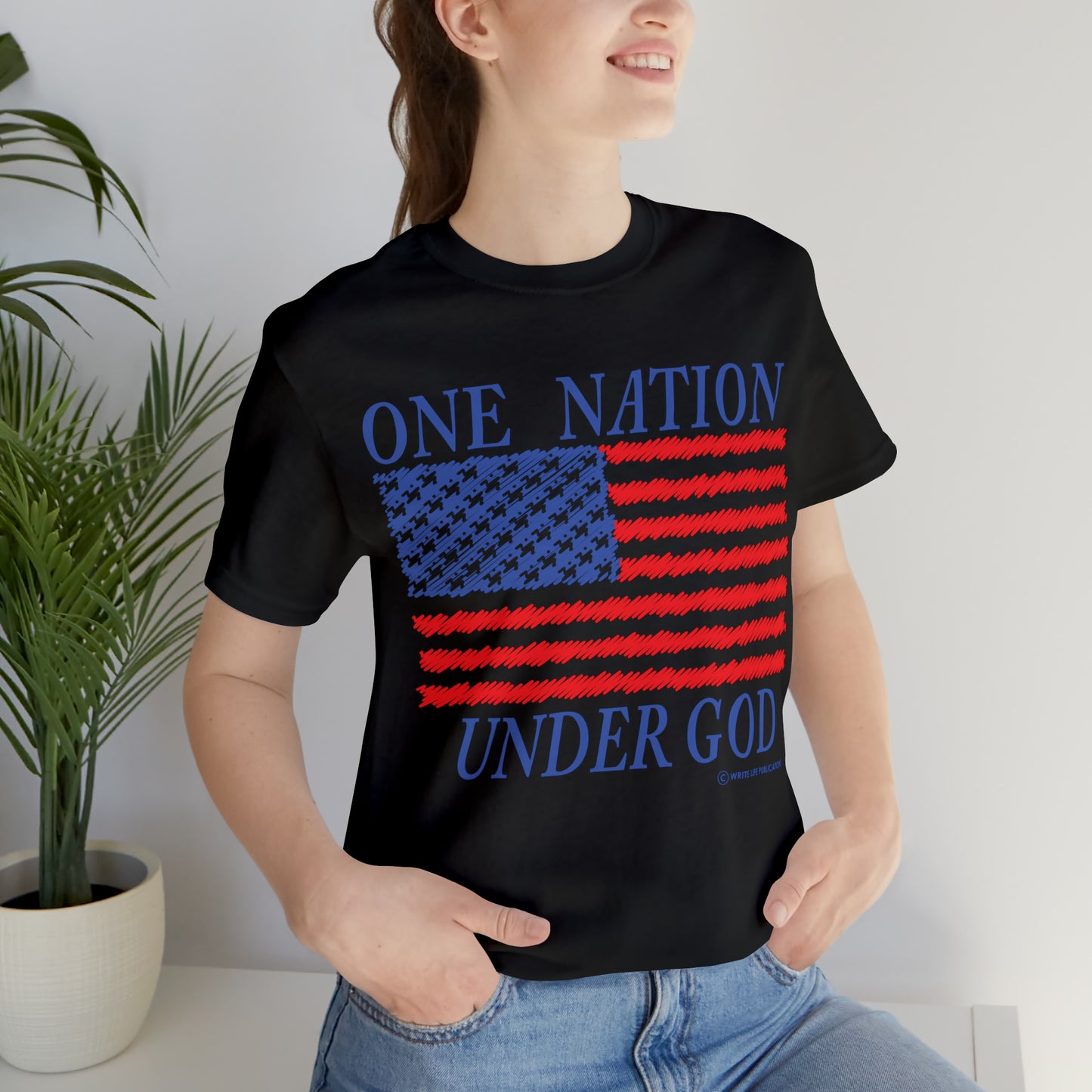 Women's One Nation Under God with American Flag Jersey Short Sleeve Tee