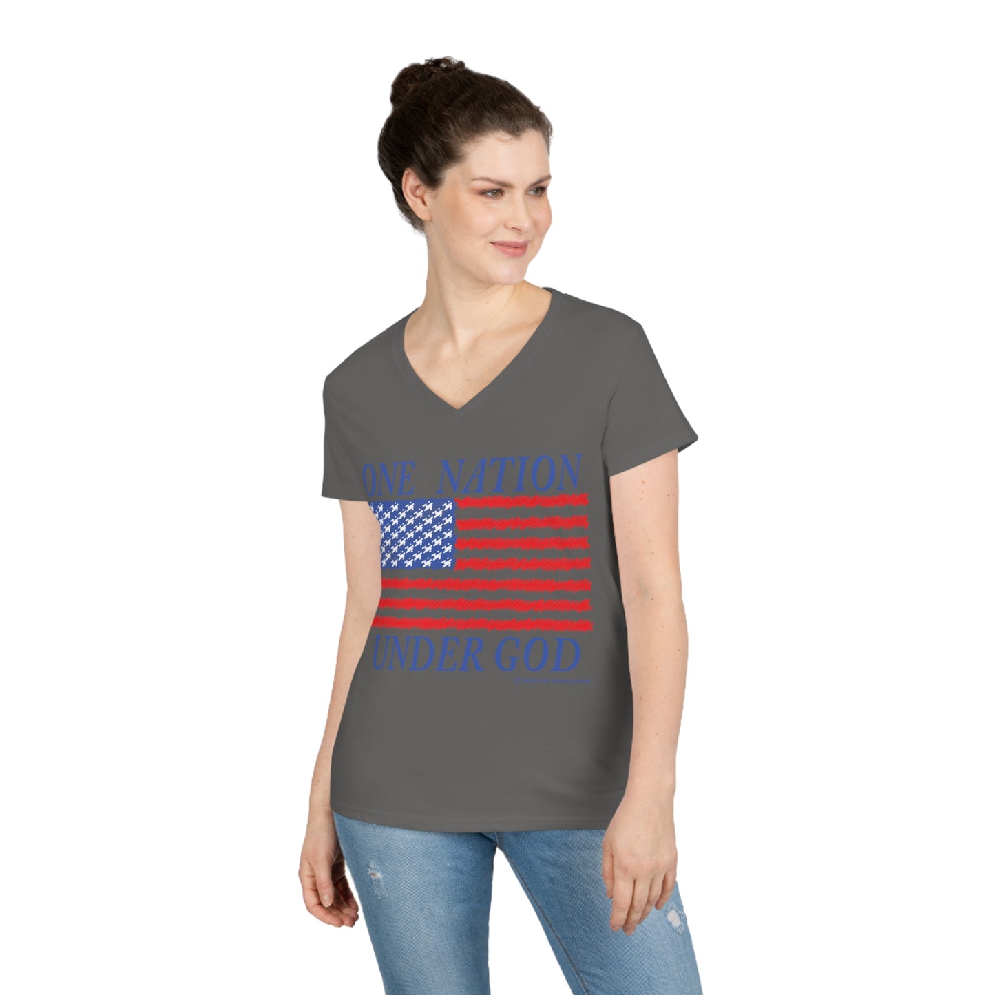 Women's One Nation Under God with American Flag V-Neck Tee