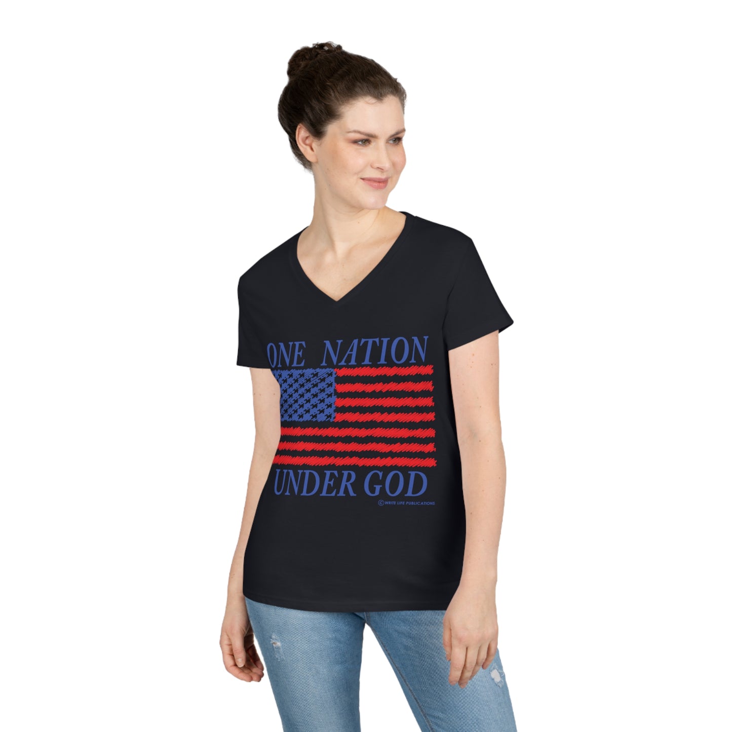 Women's One Nation Under God with American Flag V-Neck Tee