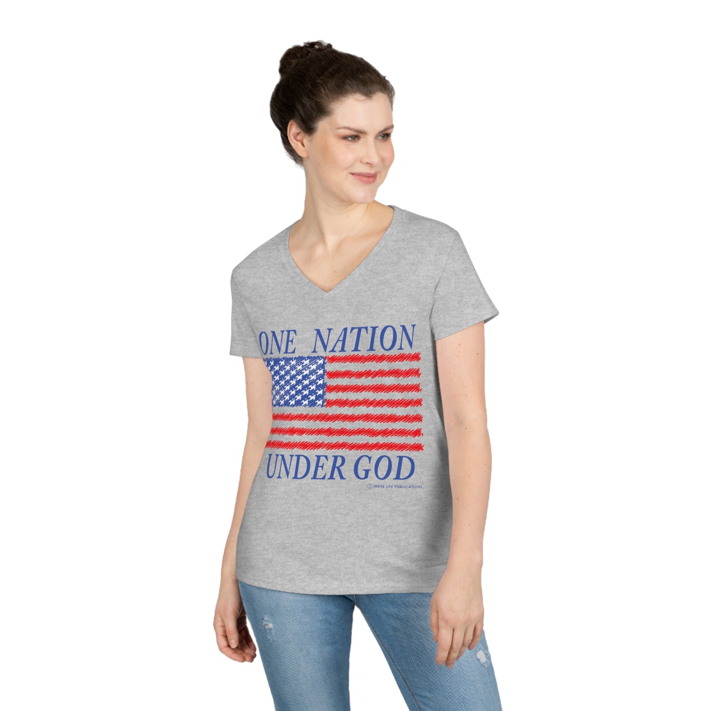 Women's One Nation Under God with American Flag V-Neck Tee