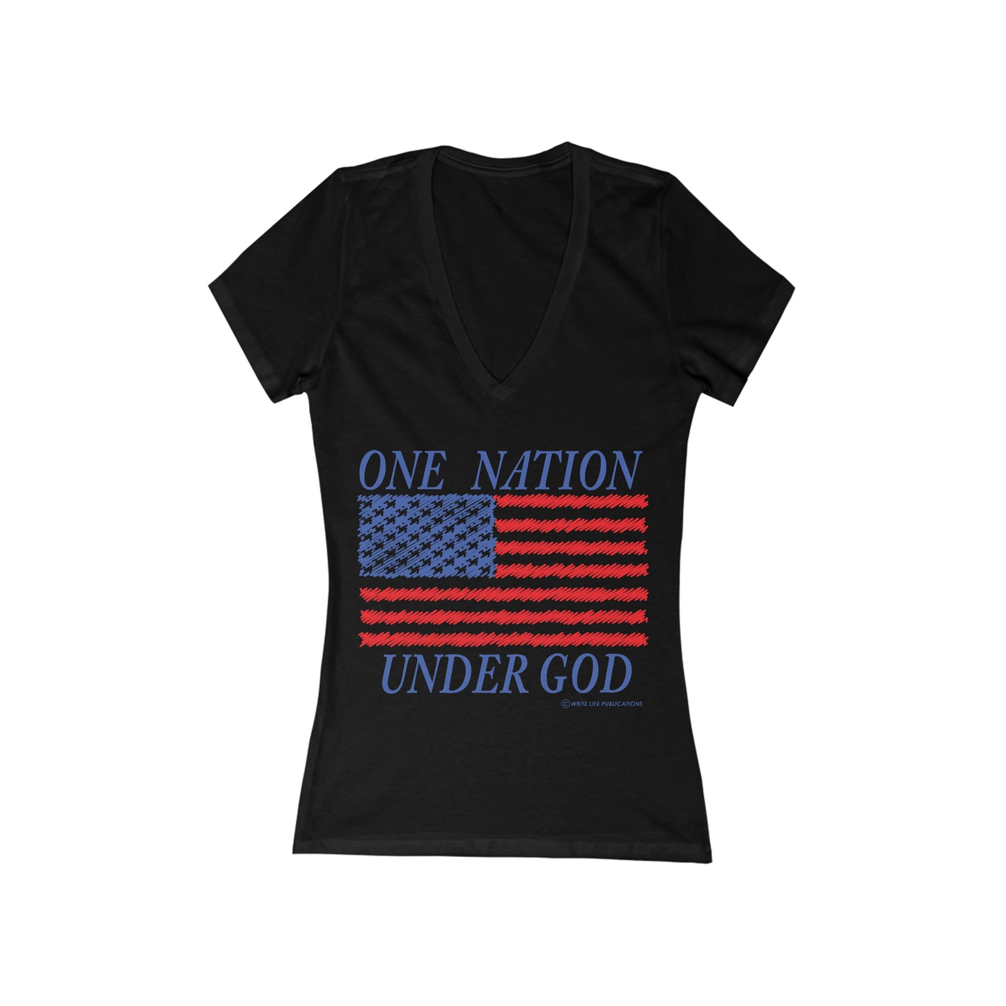 Women's One Nation Under God with American Flag Jersey Short Sleeve Deep V-Neck Tee