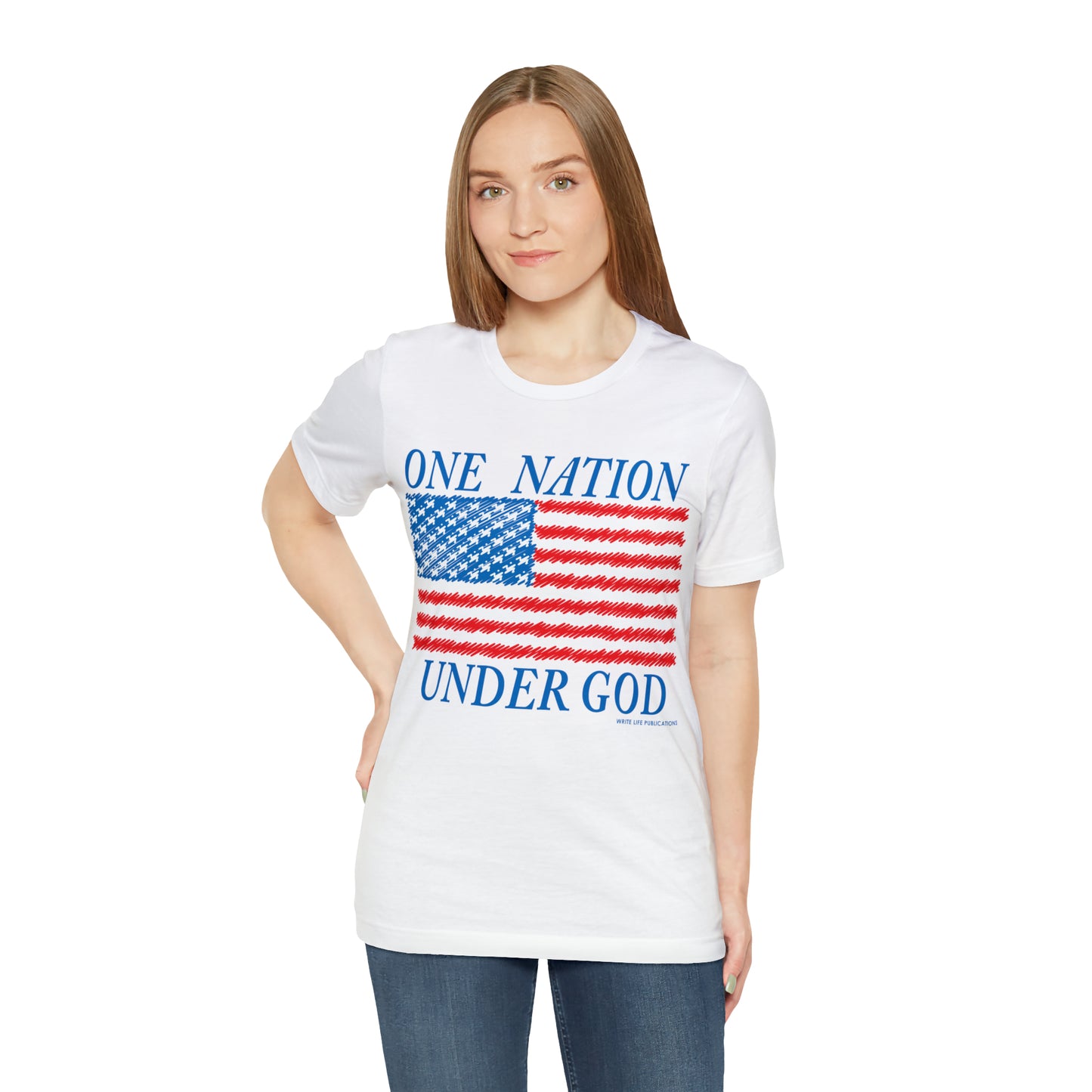 Women's One Nation Under God with American Flag Jersey Short Sleeve Tee