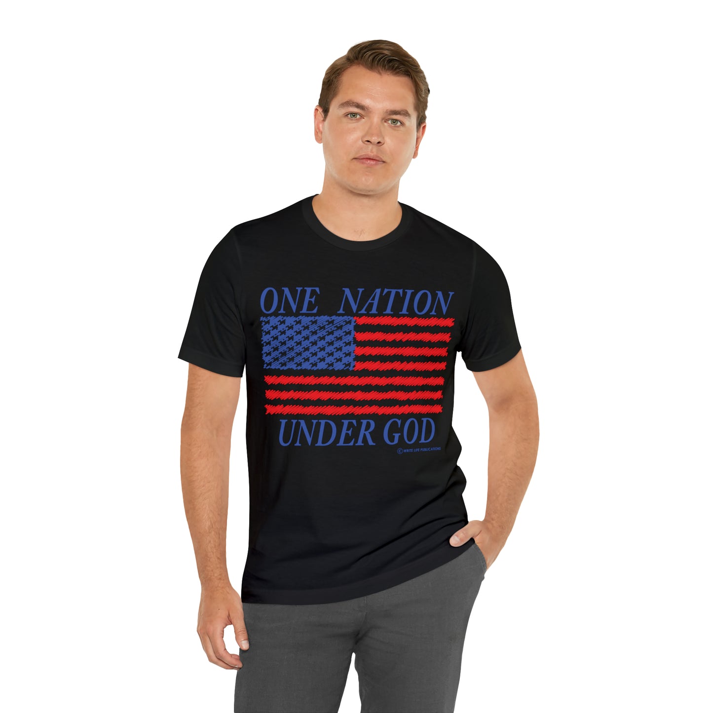 Men's One Nation Under God with American Flag Jersey Short Sleeve Tee