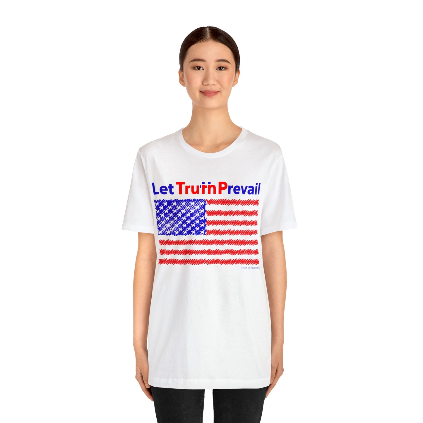 Women's Let Truth (Trump) Prevail With American Flag Jersey Short Sleeve Tee