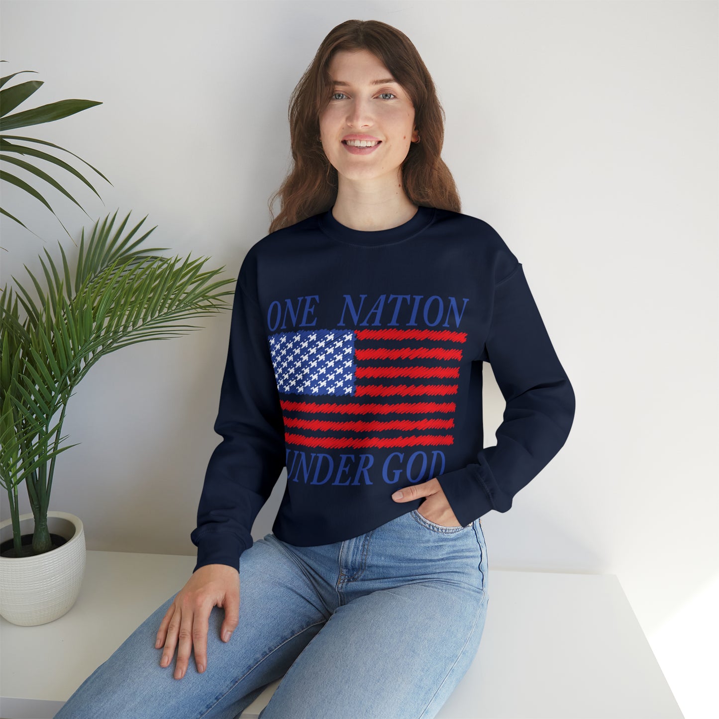 Women's One Nation Under God with American Flag  Heavy Blend™ Crewneck Sweatshirt