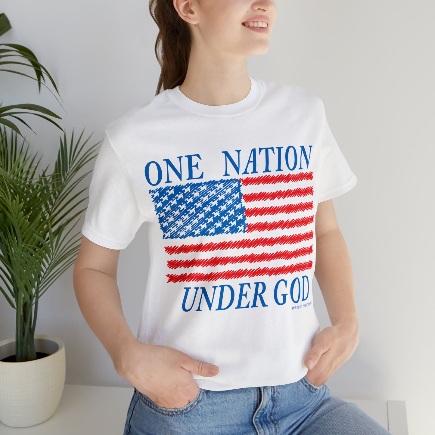 Women's One Nation Under God with American Flag Jersey Short Sleeve Tee