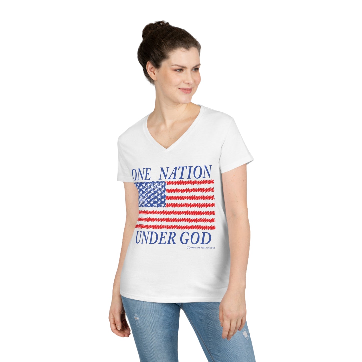 Women's One Nation Under God with American Flag V-Neck Tee