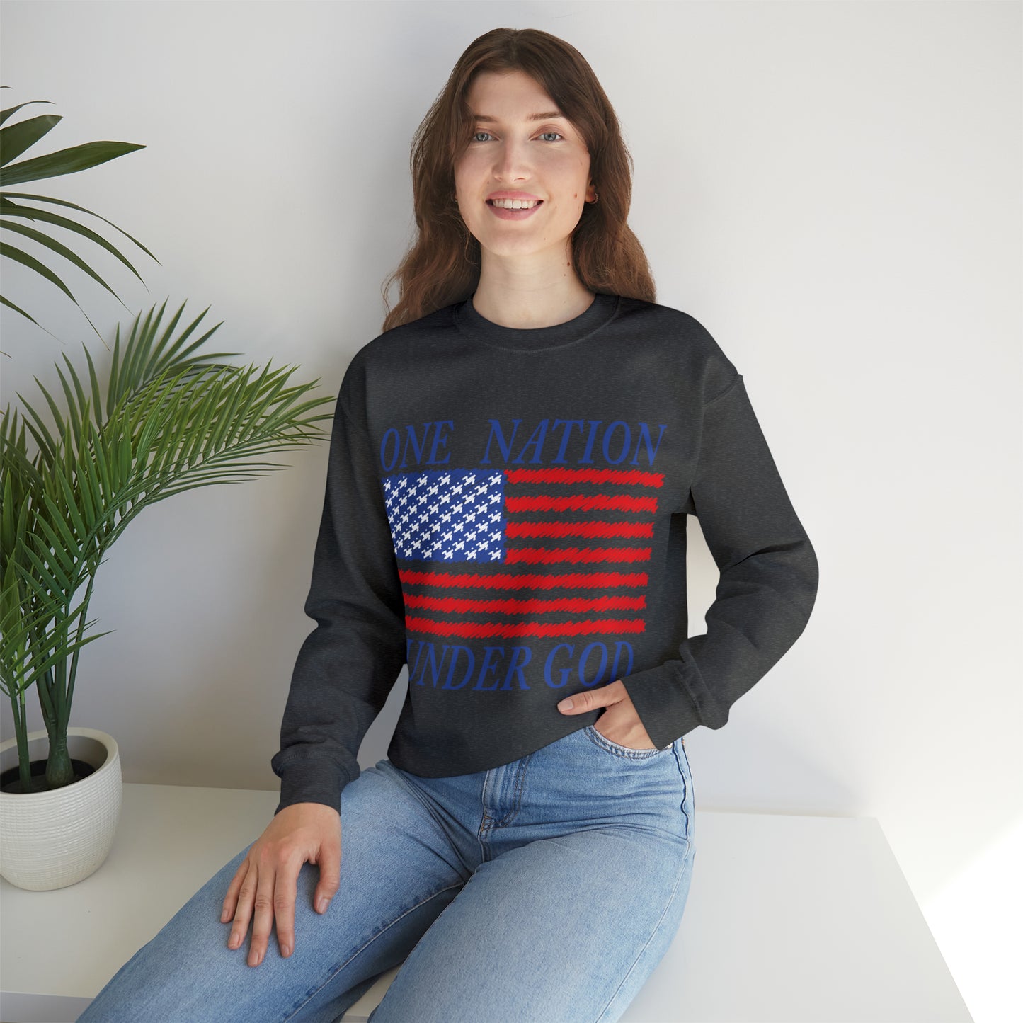 Women's One Nation Under God with American Flag  Heavy Blend™ Crewneck Sweatshirt