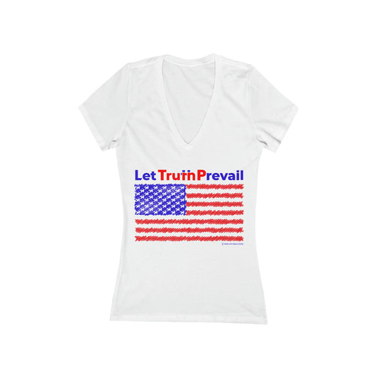 Women's Let Truth (Trump) Prevail with American Flag Jersey Short Sleeve Deep V-Neck Tee