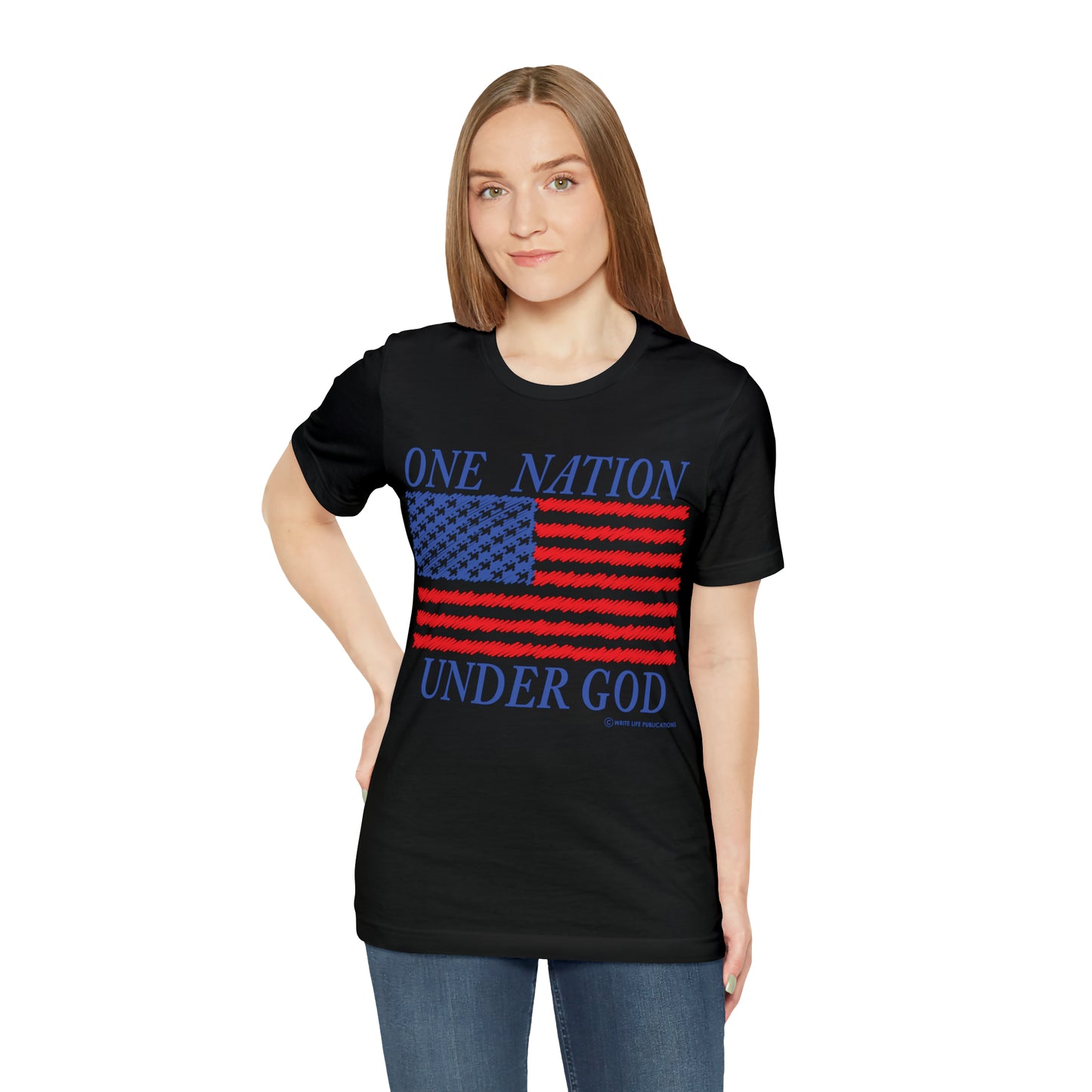 Women's One Nation Under God with American Flag Jersey Short Sleeve Tee